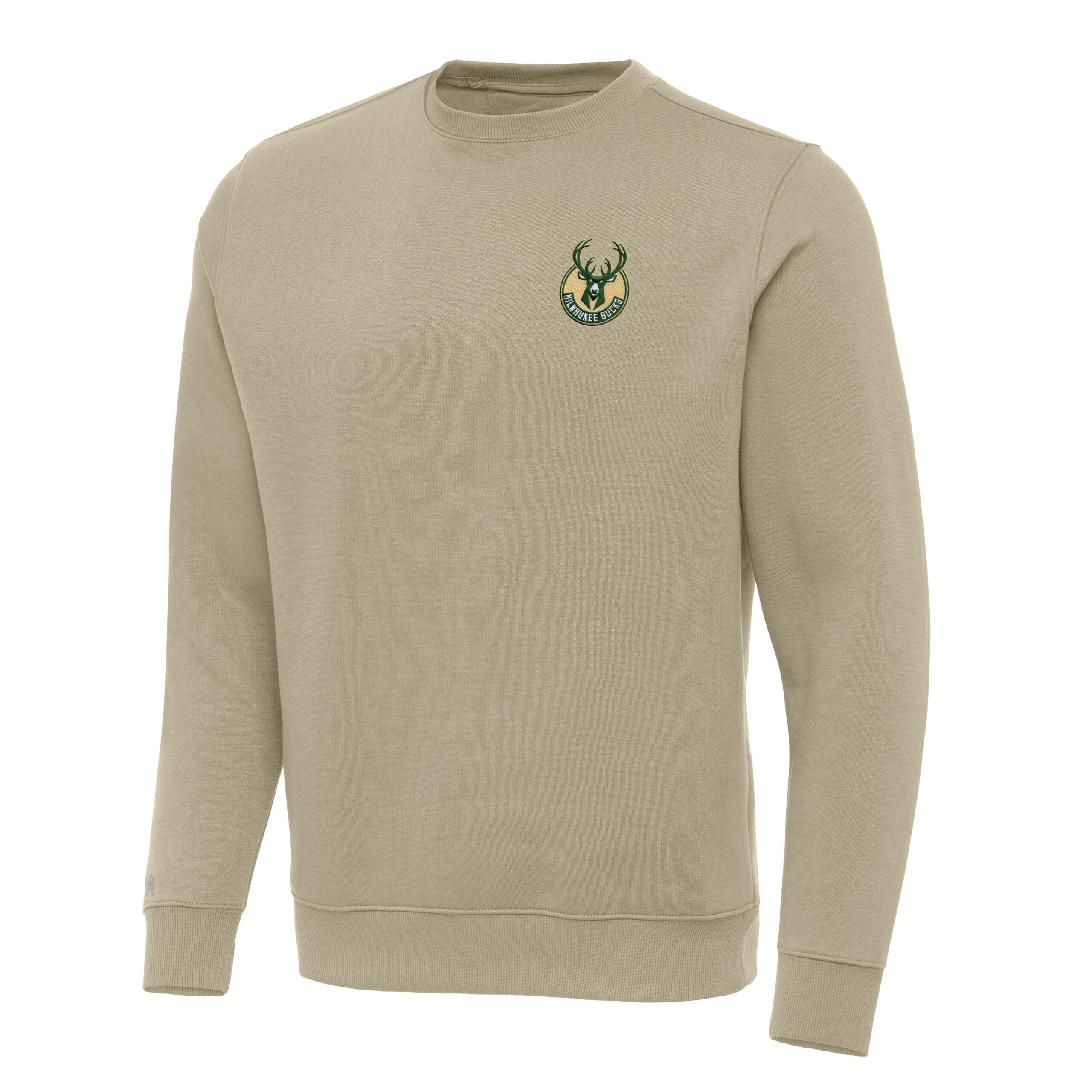 Men's Antigua Khaki Milwaukee Bucks Victory Crewneck Pullover Sweatshirt