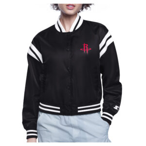 Women's Starter  Black Houston Rockets Printed Logo Cropped Satin Varsity Full-Snap Jacket