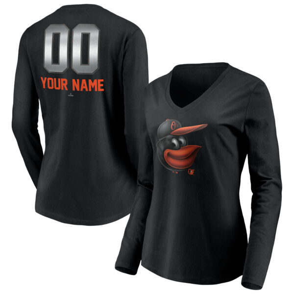Women's Black Baltimore Orioles Personalized Midnight Mascot Long Sleeve V-Neck T-Shirt - Image 5