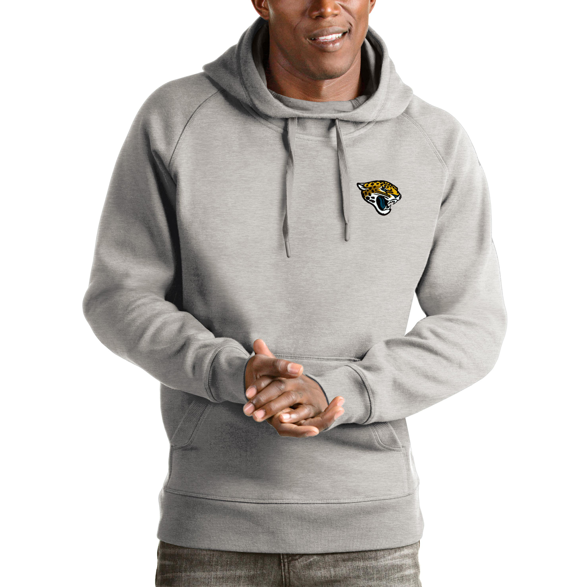 Men's Antigua Heathered Gray Jacksonville Jaguars Logo Victory Pullover Hoodie