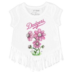 Girls Youth Tiny Turnip White Los Angeles Dodgers Blooming Baseballs Fringe T-Shirt