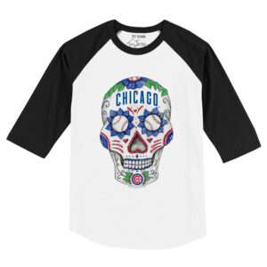 Toddler Tiny Turnip White/Black Chicago Cubs Sugar Skull Raglan 3/4 Sleeve T-Shirt