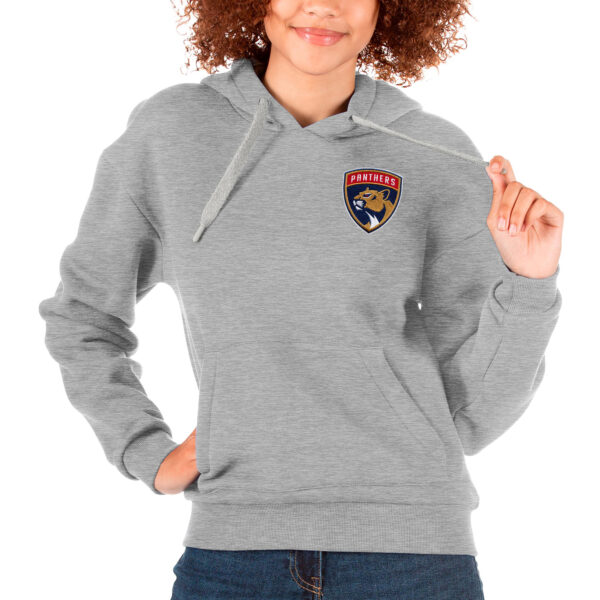 Women's Antigua Heather Gray Florida Panthers Primary Logo Victory Pullover Hoodie