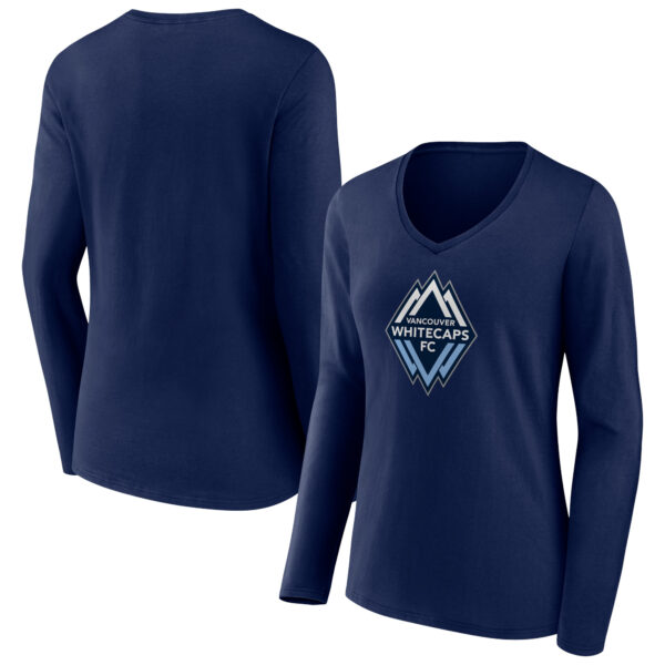 Women's Navy Vancouver Whitecaps FC Official Logo Long Sleeve V-Neck T-Shirt