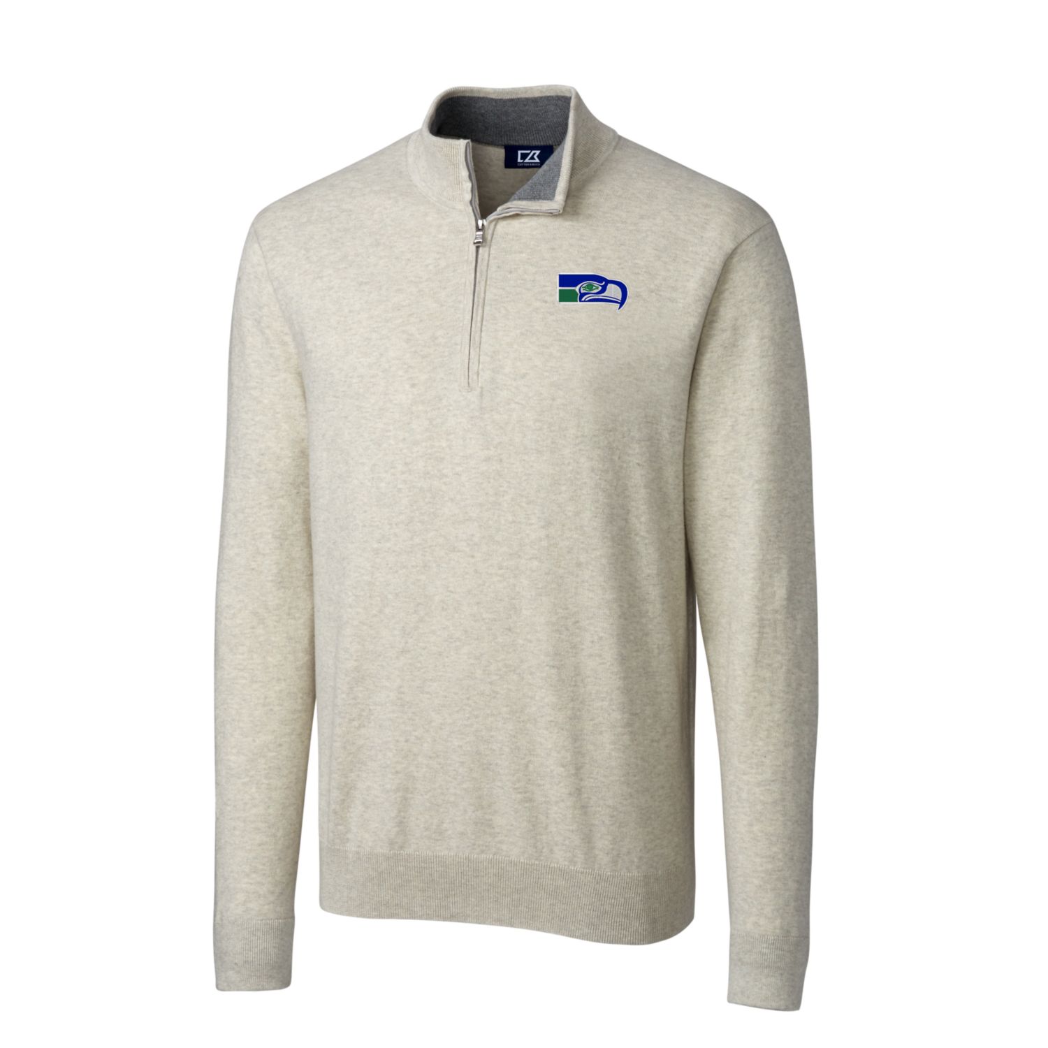 Men's Cutter & Buck Oatmeal Seattle Seahawks Throwback Logo Lakemont Tri-Blend Big & Tall Quarter-Zip Pullover Sweater - Image 6