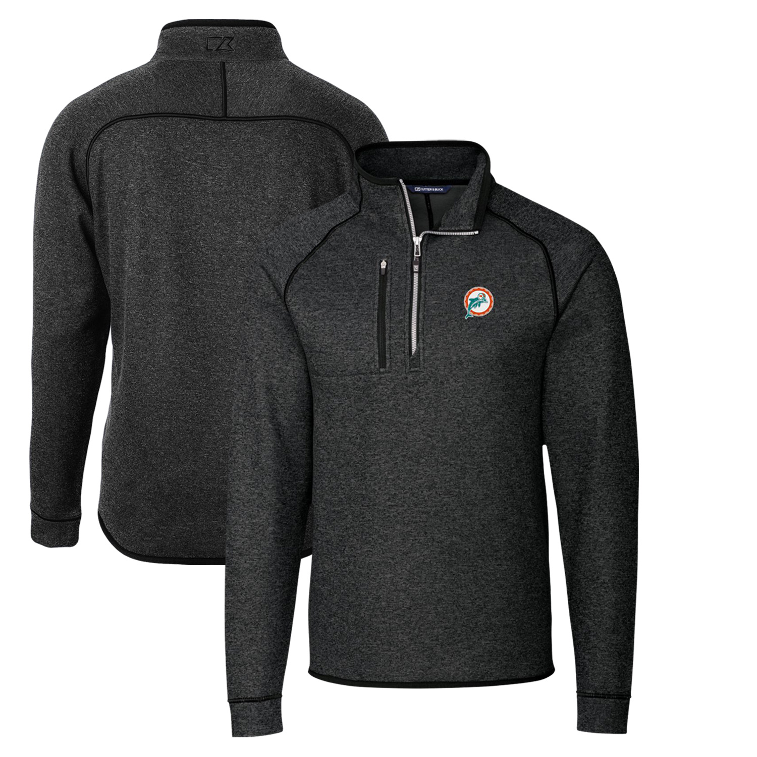 Men's Cutter & Buck Heather Charcoal Miami Dolphins Throwback Logo Mainsail Sweater-Knit Half-Zip Pullover Jacket - Image 5