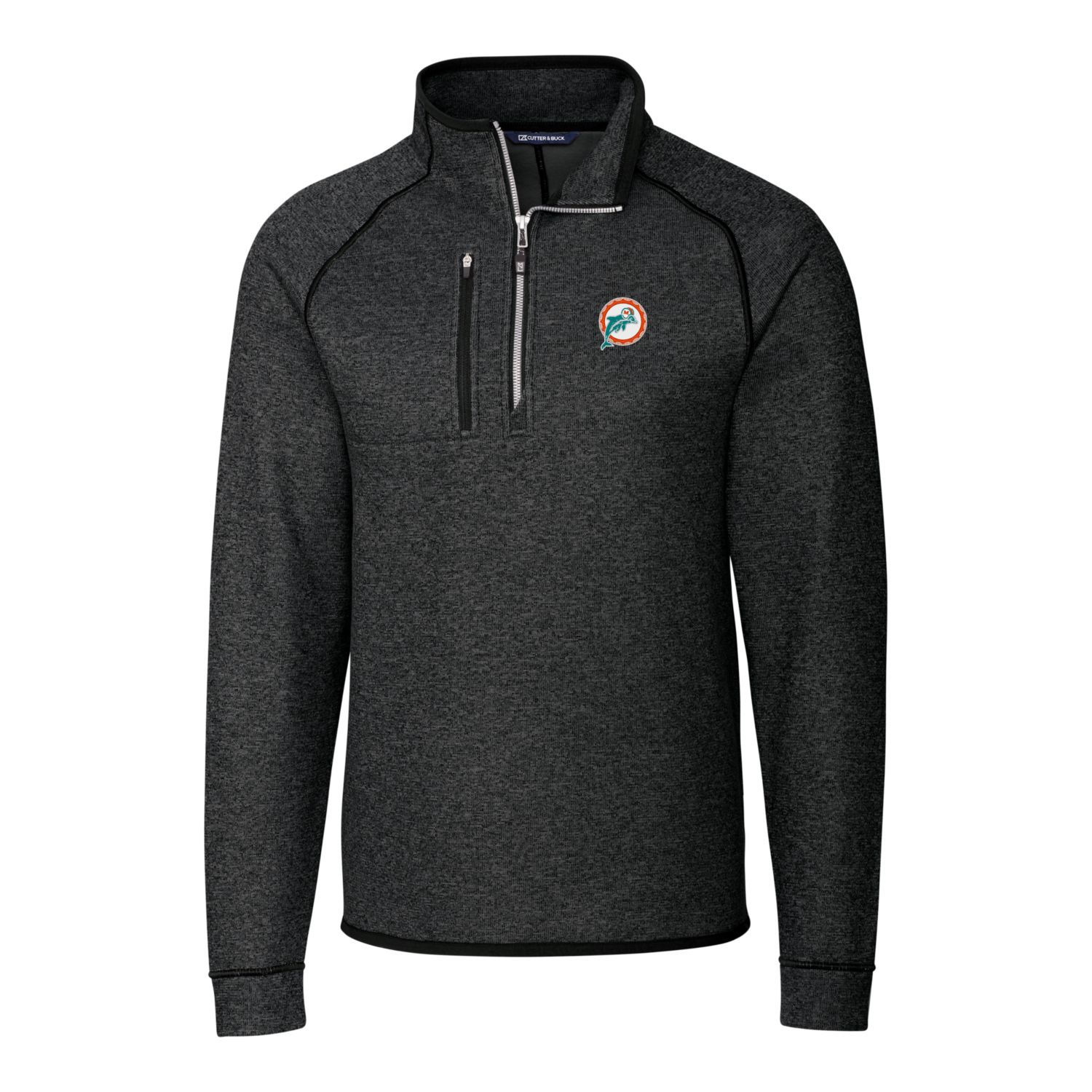 Men's Cutter & Buck Heather Charcoal Miami Dolphins Throwback Logo Mainsail Sweater-Knit Half-Zip Pullover Jacket - Image 6