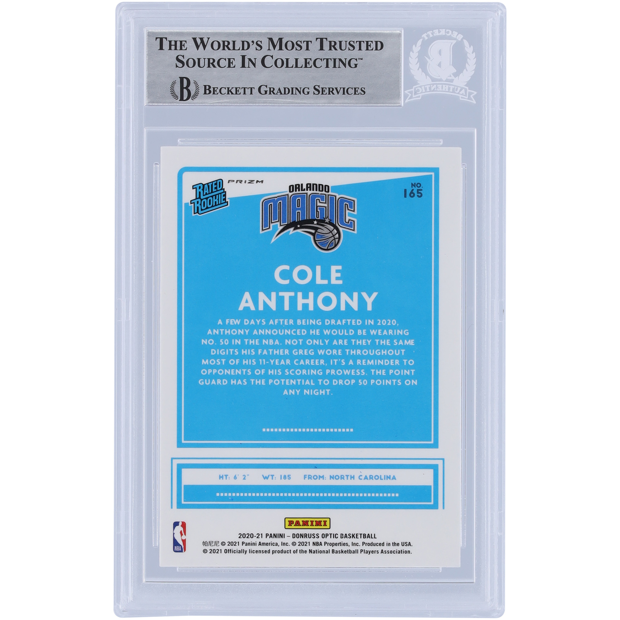 Cole Anthony Orlando Magic Autographed 2020-21 Panini Donruss Optic Blue Velocity Prizm #165 Beckett Fanatics Witnessed Authenticated Rookie Card - Image 3