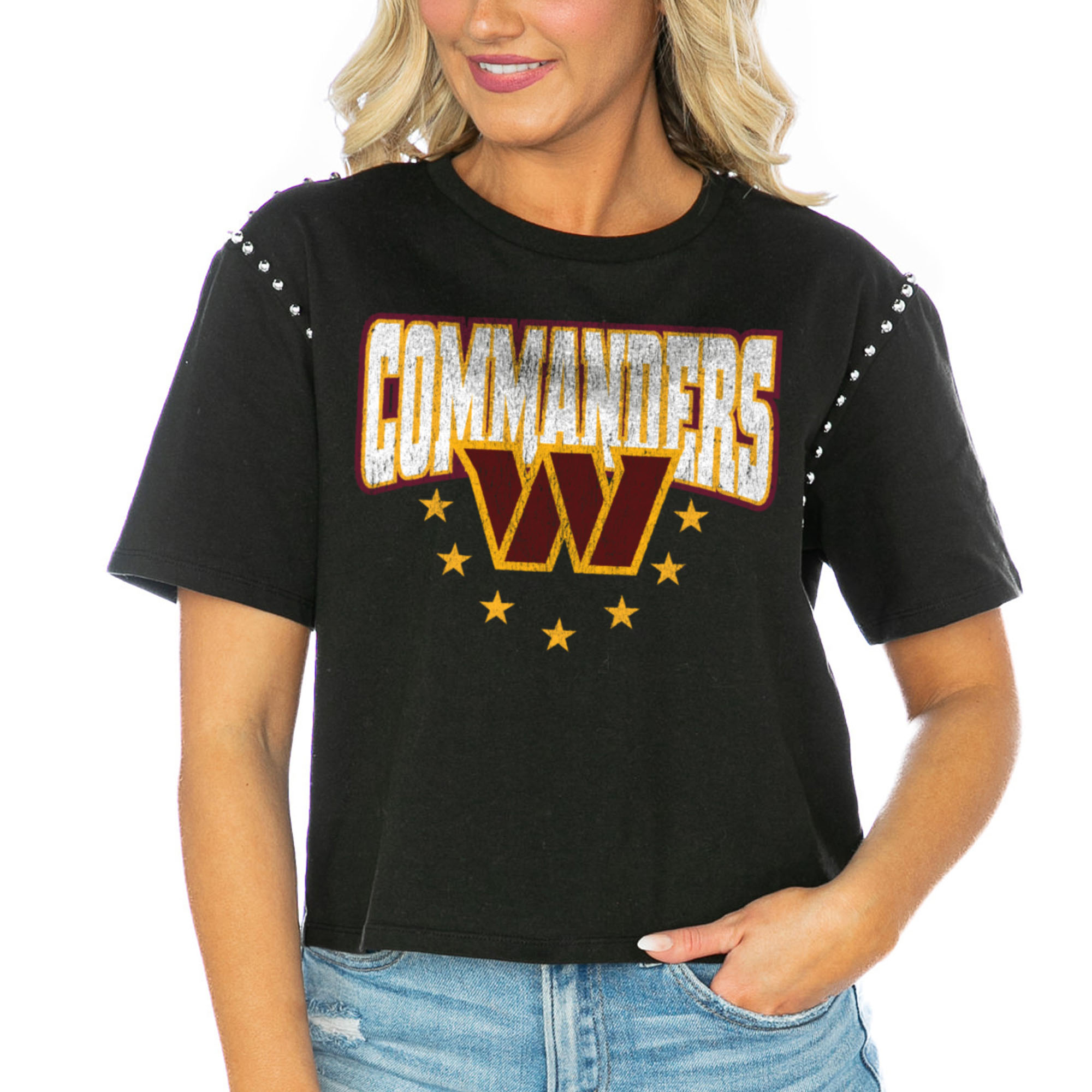 Women's Gameday Couture Black Washington Commanders Gladiator Studded Sleeve Cropped T-Shirt - Image 2