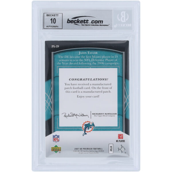 Jason Taylor Miami Dolphins Autographed 2007 Upper Deck Premier Stitchings Team Logo/NFL Draft Relic #PS-59 #/75 Beckett Fanatics Witnessed Authenticated 10 Card - Image 3
