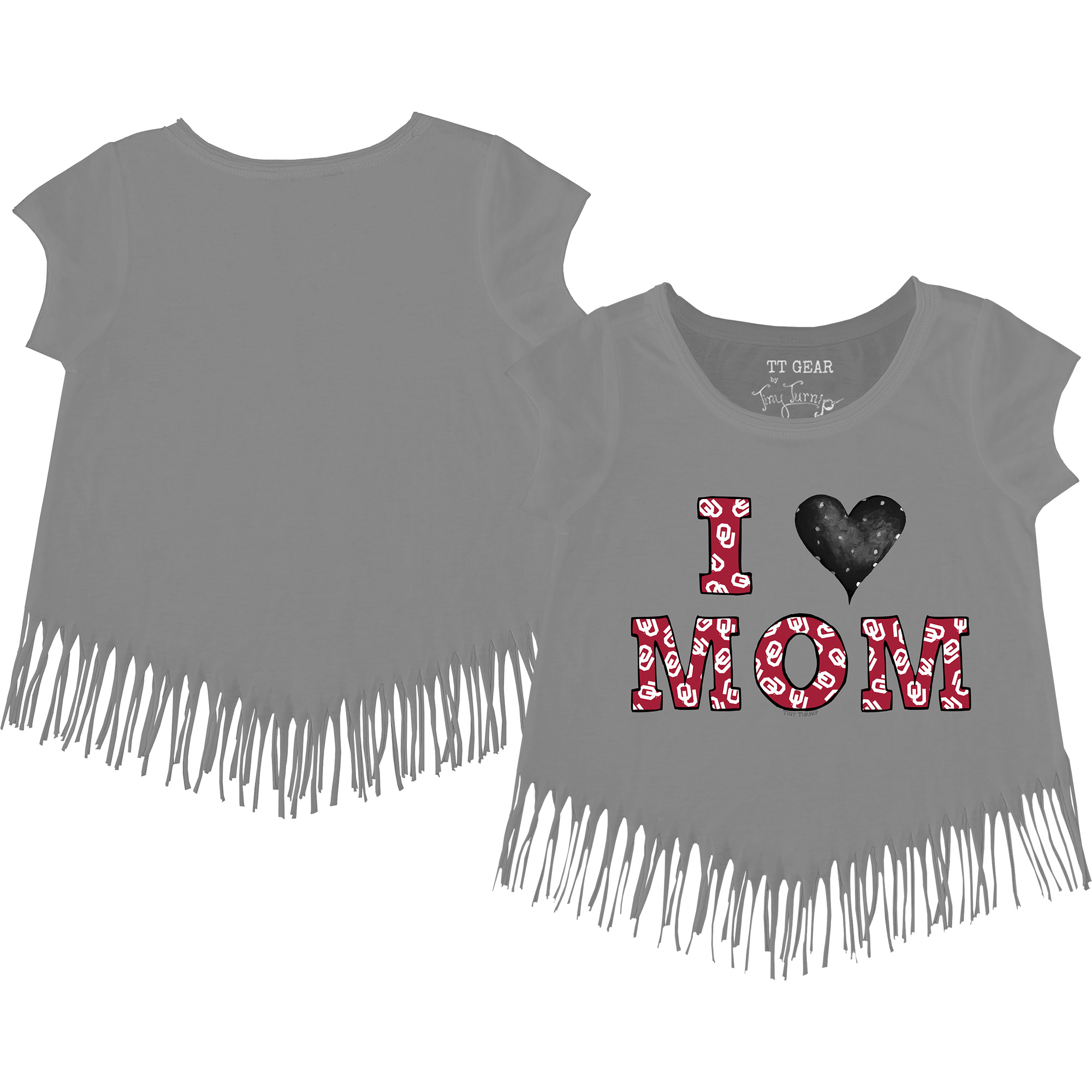 Girls Youth Tiny Turnip Gray Oklahoma Sooners I Love Mom Fringed T-Shirt - Image 2