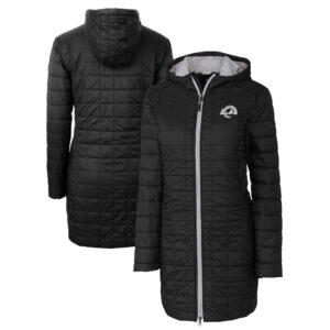 Women's Cutter & Buck Black Los Angeles Rams Rainier PrimaLoft® Eco Insulated Full-Zip Hoodie Long Coat