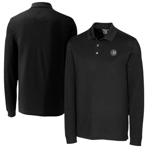 Men's Cutter & Buck Black Chicago Cubs DryTec Advantage Tri-Blend Pique Long Sleeve Polo - Image 2