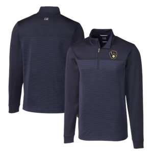 Men's Cutter & Buck Navy Milwaukee Brewers Big & Tall Traverse Stripe Stretch DryTec Quarter-Zip Top