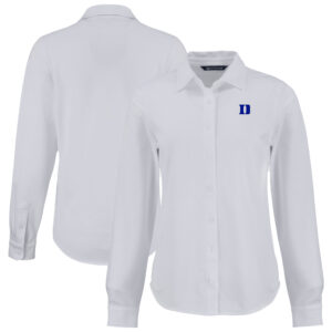 Women's Cutter & Buck White Duke Blue Devils Advantage Tri-Blend Eco Soft Pique Button-Up Long Sleeve Shirt
